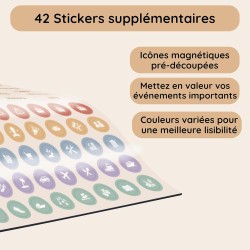 Calendrier Magnétique pour Frigo A3 – Planning Mensuel et Hebdomadaire Effaçable – 42 Stickers Événements, 4 Marqueurs, 1 Gomme 