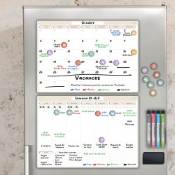 Calendrier Magnétique pour Frigo A3 – Planning Mensuel et Hebdomadaire Effaçable – 42 Stickers Événements, 4 Marqueurs, 1 Gomme 