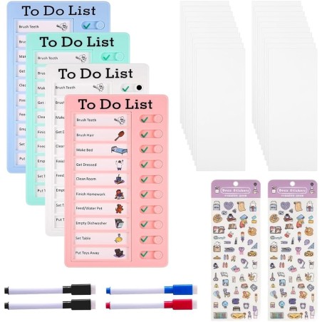 Tableau Memo Checklist, 4 Pcs To Do List pour Enfants avec 20 Papier Vierges, 2 Autocollants et 4 Marqueurs pour Tableau Blanc, 
