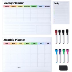 Amazon Basics Lot de 3 calendriers magnétiques effaçables à sec pour réfrigérateur avec 8 marqueurs et effaceur, Blanc