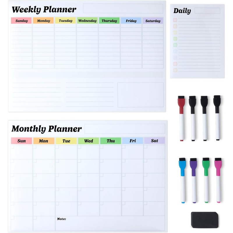 Amazon Basics Lot de 3 calendriers magnétiques effaçables à sec pour réfrigérateur avec 8 marqueurs et effaceur, Blanc