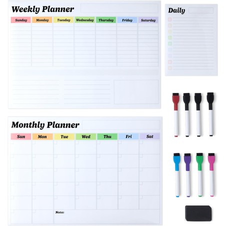 Amazon Basics Lot de 3 calendriers magnétiques effaçables à sec pour réfrigérateur avec 8 marqueurs et effaceur, Blanc