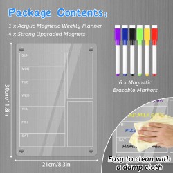 A4 Calendrier Magnetique Frigo Transparent-Calendrier Magnétique Effaçable (29,7 x 21cm)-Semaine Tableau Frigo Transparent avec 
