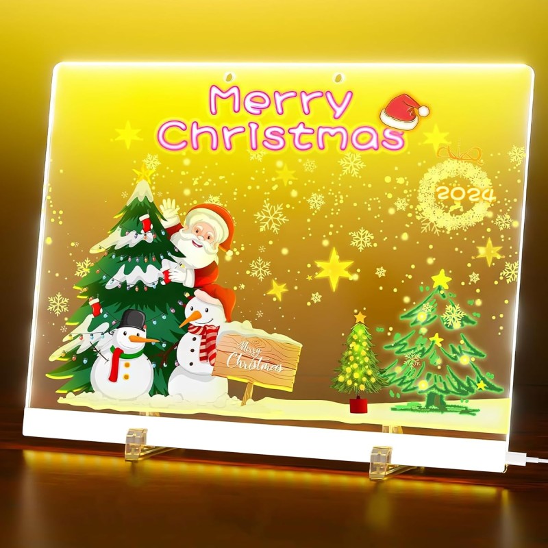 Tableau Acrylique Lumineux LED 30x20 cm avec 7 Couleurs Stylo – Tableau d’Écriture Transparent Essuyable avec Support, Mémo et B