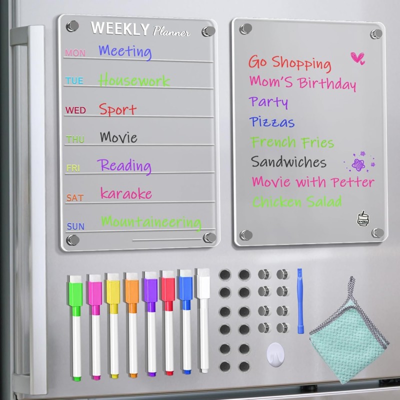 Lot de 2 Tableaux Magnétiques Frigo Planning Semaine Transparent de Course Avec 8 Couleurs de Marqueurs, Aimants et Tôles (20 x 