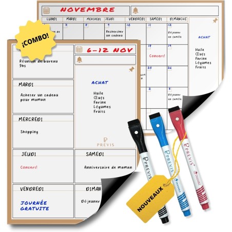 Previs Pack Calendrier Magnétique Mensuel A4 + Agenda Magnétique Hebdomadaire A4 pour Réfrigérateur - Organisateur - Agenda, Men