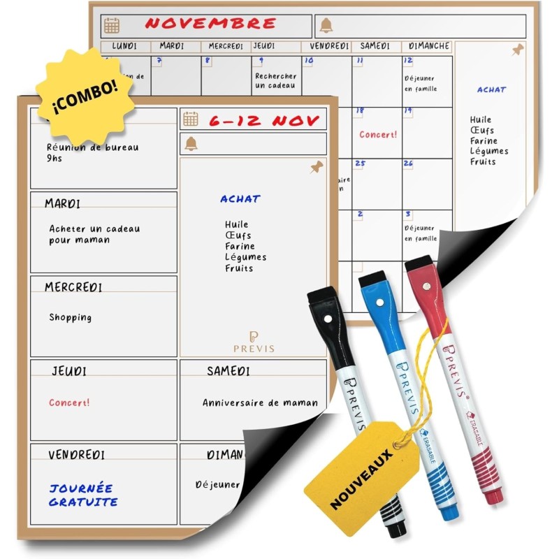 Previs Pack Calendrier Magnétique Mensuel A3 + Agenda Magnétique Hebdomadaire A3 pour Réfrigérateur - Organisateur - Agenda, Men