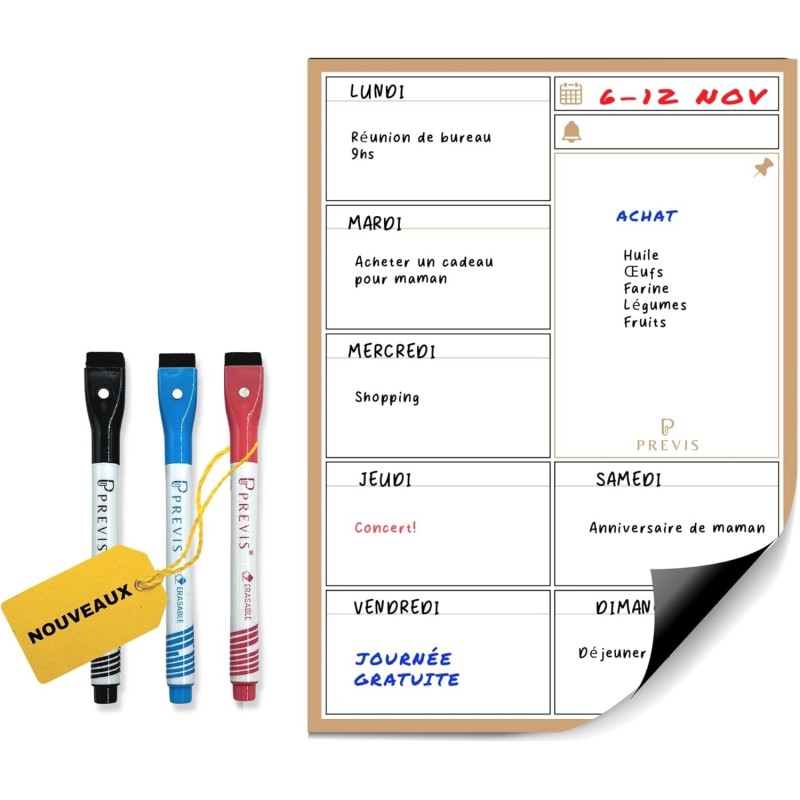 Previs Planning Frigo Magnetique Hebdomadaire A3 (30X40CM) avec 3 Marqueurs Premium - Idéal pour les listes de courses et l'orga