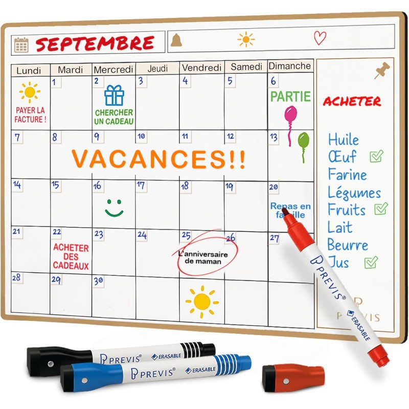 Previs Calendrier Magnetique A3 (30x40CM) avec 3 Marqueurs Premium - Planning Frigo Mensuel - Organisateur Familial Polyvalent A