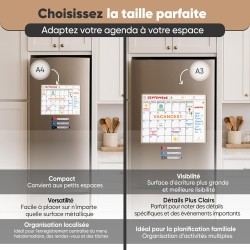 Previs Calendrier Magnetique A3 (30x40CM) avec 3 Marqueurs Premium - Planning Frigo Mensuel - Organisateur Familial Polyvalent A