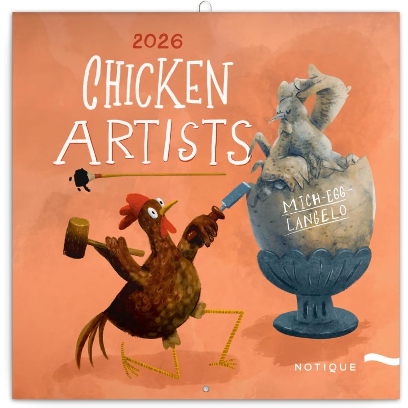 NOTIQUE Calendrier mural 2026 Chicken Artists - avec calendrier mensuel - 30 x 30 cm (30 x 60 cm ouvert)