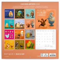 NOTIQUE Calendrier mural 2026 Chicken Artists - avec calendrier mensuel - 30 x 30 cm (30 x 60 cm ouvert)