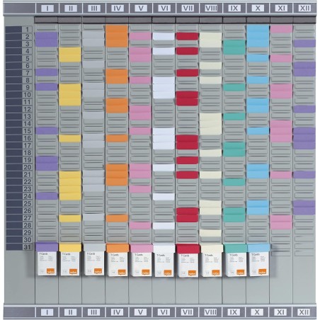Nobo - Kit Planning Annuel Mural à Fiches T, 12 Colonnes & 32 Fentes, Indice 1.5, Fiches T / Index / Étiquettes Imprimées / Port