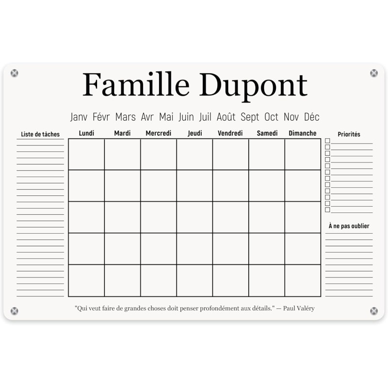 LAUBLUST Calendrier Mural en Acrylique Personnalisé - A2, A3, A4 - Blanc | Planificateur Familial avec Nom et Texte - Hebdomadai
