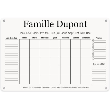 LAUBLUST Calendrier Mural en Acrylique Personnalisé - A2, A3, A4 - Blanc | Planificateur Familial avec Nom et Texte - Hebdomadai