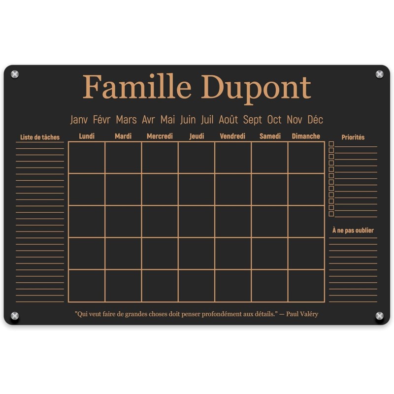 LAUBLUST Calendrier Mural en Acrylique Personnalisé - A2, A3, A4 - Noir | Planificateur Familial avec Nom et Texte - Hebdomadair