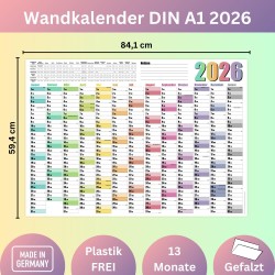 Calendrier mural annuel 2026 – Format A1 – Grand calendrier annuel XXL plié – Avec aperçu des jours fériés et des vacances scola