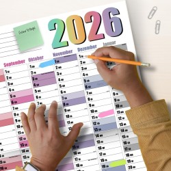 Calendrier mural annuel 2026 – Format A1 – Grand calendrier annuel XXL plié – Avec aperçu des jours fériés et des vacances scola