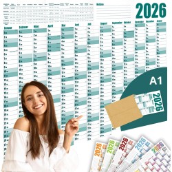 Calendrier mural annuel 2026 – Format A1 – Grand calendrier annuel XXL plié – Avec aperçu des jours fériés et vacances scolaires