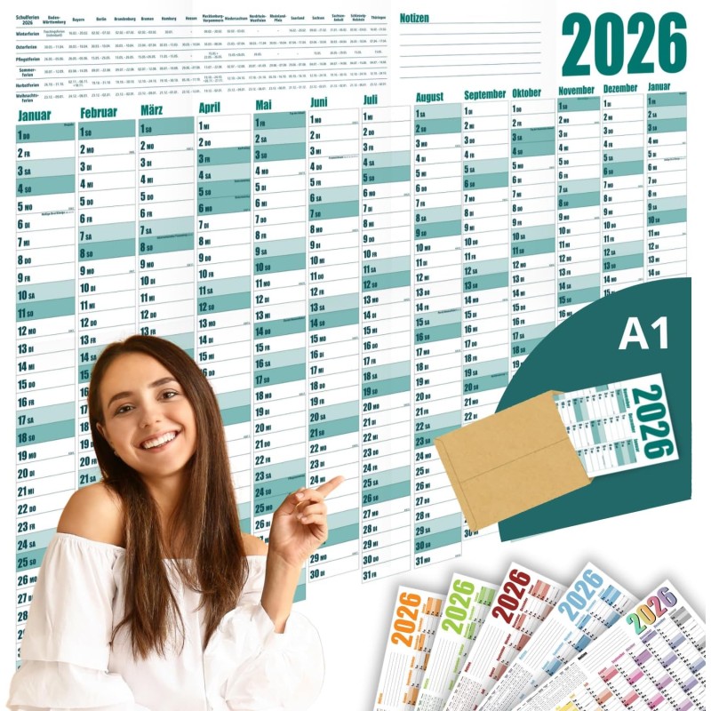 Calendrier mural annuel 2026 – Format A1 – Grand calendrier annuel XXL plié – Avec aperçu des jours fériés et vacances scolaires