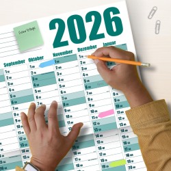 Calendrier mural annuel 2026 – Format A1 – Grand calendrier annuel XXL plié – Avec aperçu des jours fériés et vacances scolaires