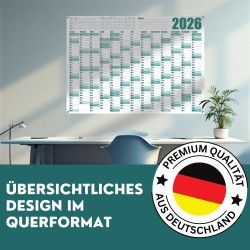 Calendrier mural annuel 2026 – Format A1 – Grand calendrier annuel XXL plié – Avec aperçu des jours fériés et vacances scolaires