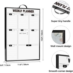 Tableau Blanc Mural Planificateur Hebdomadaire à Suspendre 40 x 30 cm, Tableau Blanc Portable avec Cadre Aluminium, Calendrier M