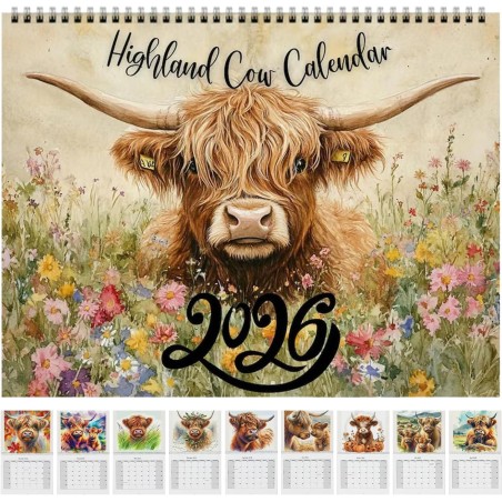 Calendrier Mural 2026 Animaux, Calendrier Mural Décoratif Highland Cow, Calendriers Murals Avec De Jolis Dessins De Bovins Des H