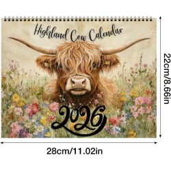 Calendrier Mural 2026 Animaux, Calendrier Mural Décoratif Highland Cow, Calendriers Murals Avec De Jolis Dessins De Bovins Des H