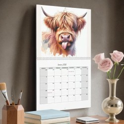 Calendrier Mural 2026 Animaux, Calendrier Mural Décoratif Highland Cow, Calendriers Murals Avec De Jolis Dessins De Bovins Des H