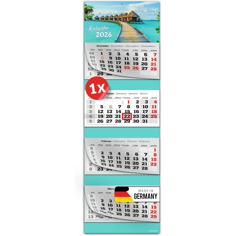Primus Print Calendrier mural XXL 2026 – Calendrier mural 4 mois – Avec curseur de date, calendrier à suspendre – Avec jours fér