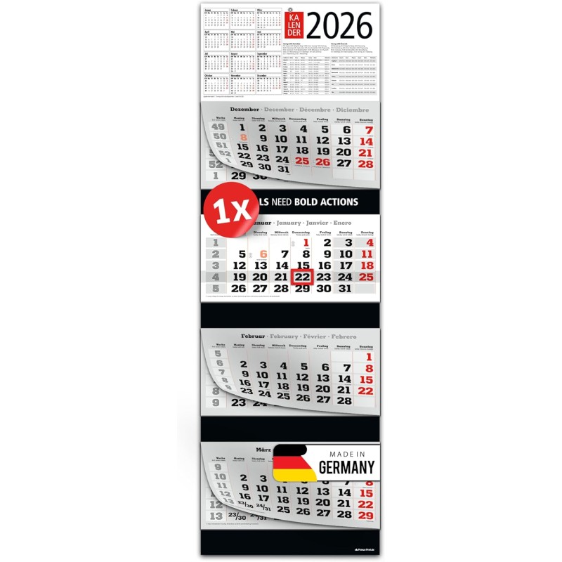 Primus Print Calendrier mural XXL 2026 – Calendrier mural 4 mois – Avec curseur de date, calendrier à suspendre – Avec jours fér