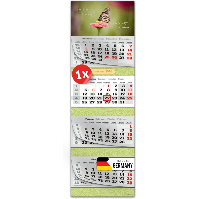 Primus Print Calendrier mural XXL 2026 – Calendrier mural 4 mois – Avec curseur de date, calendrier à suspendre – Avec jours fér