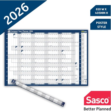Sasco Planificateur mural compact 2026 avec stylo effaçable à l'eau et lot d'autocollants, bleu, style affiche, 610 mm x 405 mm 