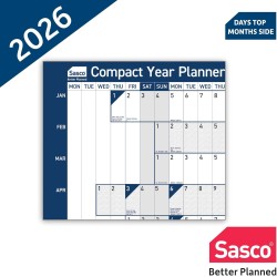 Sasco Planificateur mural compact 2026 avec stylo effaçable à l'eau et lot d'autocollants, bleu, style affiche, 610 mm x 405 mm 