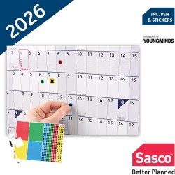 Sasco Planificateur mural compact 2026 avec stylo effaçable à l'eau et lot d'autocollants, bleu, style affiche, 610 mm x 405 mm 