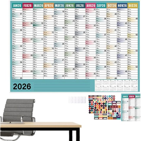 Calendrier 2026,Calendrier Mural 2026 Grand Format - Poster Annuel Scolaire avec Autocollants pour Planification École Bureau Ma