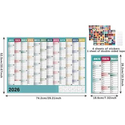 Calendrier 2026,Calendrier Mural 2026 Grand Format - Poster Annuel Scolaire avec Autocollants pour Planification École Bureau Ma