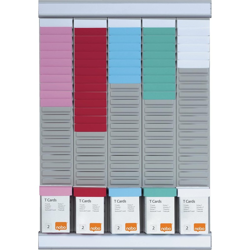 Nobo - Kit Planning Hebdomadaire à Fiches T, Mural, 5 Colonnes & 24 Fentes, Indice 2, Fiches T Multicolores Incluses, 2911680