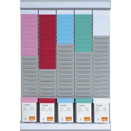 Nobo - Kit Planning Hebdomadaire à Fiches T, Mural, 5 Colonnes & 24 Fentes, Indice 2, Fiches T Multicolores Incluses, 2911680