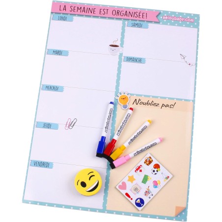 Planning de la Semaine Magnétique, 4 Feutres de Couleur, 12 Aimants, 1 Effaceur | Calendrier Frigo Français 43x32cm Tableau Cuis