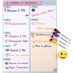 Planning de la Semaine Magnétique, 4 Feutres de Couleur, 12 Aimants, 1 Effaceur | Calendrier Frigo Français 43x32cm Tableau Cuis