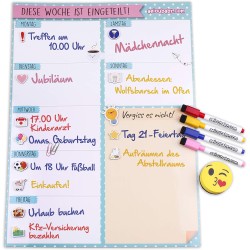 Planning de la Semaine Magnétique, 4 Feutres de Couleur, 12 Aimants, 1 Effaceur | Calendrier Frigo 43x32cm Tableau Cuisine Organ