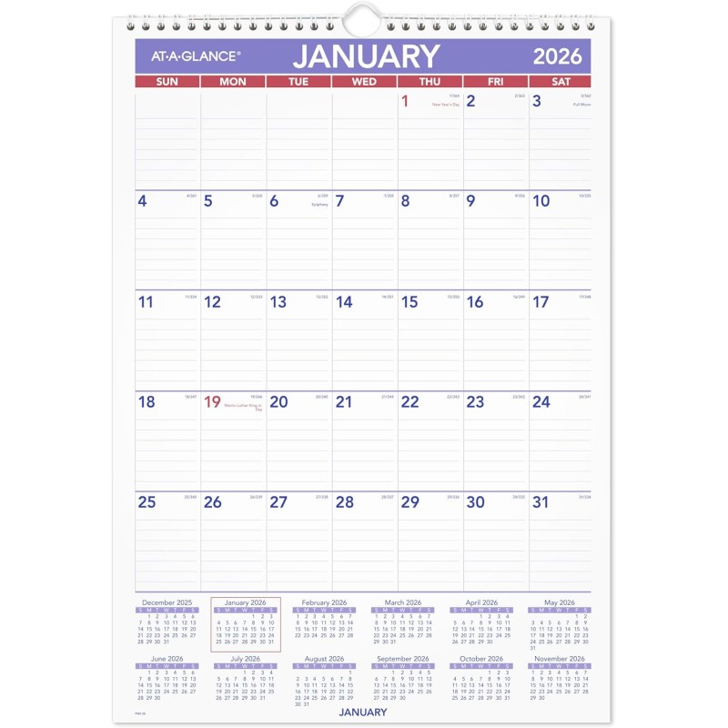 AT-A-GLANCE Calendrier mural 2026, 30,5 x 43,2 cm, taille moyenne (PM22826)