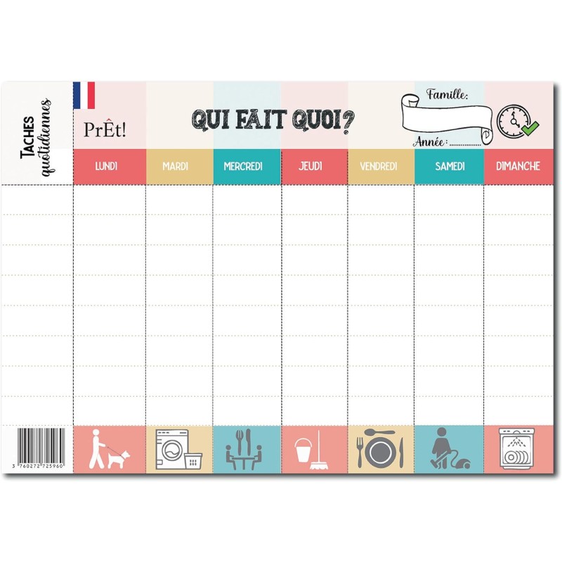 Calendrier Hebdomadaire Familial A3 à Remplir | Planning Mural Organisation Famille avec 8 Cases de Tâches Quotidiennes | Tablea