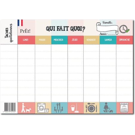Calendrier Hebdomadaire Familial A3 à Remplir | Planning Mural Organisation Famille avec 8 Cases de Tâches Quotidiennes | Tablea
