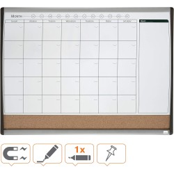 Nobo - Petit Tableau Blanc Agenda Mensuel Magnétique Mural avec Zone d'Affichage en Liège, Cadre Incurvé, Maison / Bureau, 585 x