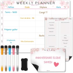 Calendrier Magnétique Frigo Sakura | Pack 3 : Tableau Semainier, Liste de Courses, Pense-Bête | Organisateur Familial | Planning