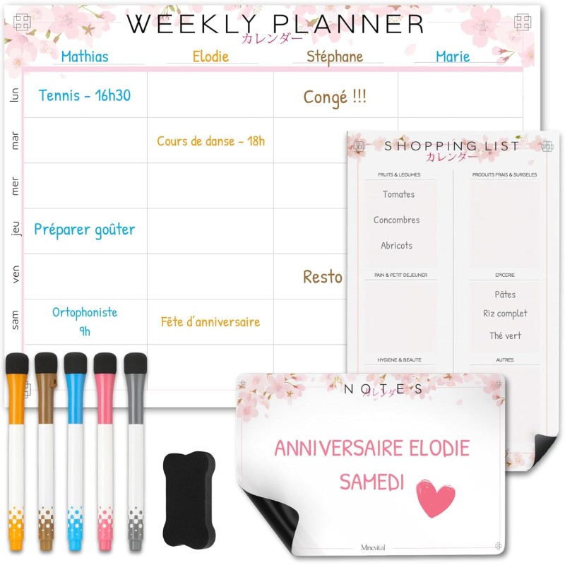 Calendrier Magnétique Frigo Sakura | Pack 3 : Tableau Semainier, Liste de Courses, Pense-Bête | Organisateur Familial | Planning