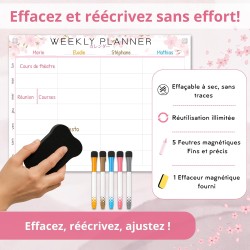 Calendrier Magnétique Frigo Sakura | Pack 3 : Tableau Semainier, Liste de Courses, Pense-Bête | Organisateur Familial | Planning